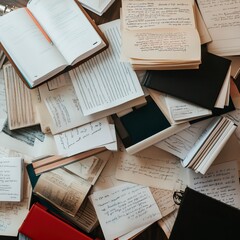 Obraz premium pile of papers, notebooks and books on the table, top view --v 6.1 Job ID: ec6e3693-2ee9-413b-acd3-596ffb162dcb