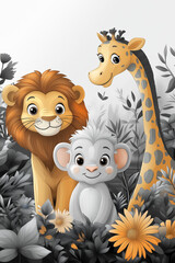 illustration, animaux de la jungle, dessin enfants, mignon, tout-petits, adorable, joli, fun, coloré