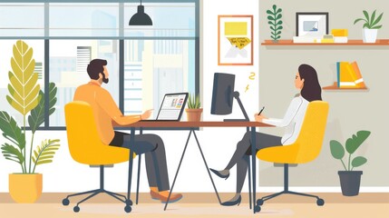 An HR manager conducting a virtual job interview with a candidate from a well-designed home office setup, The setting includes a professional background, video interview tools