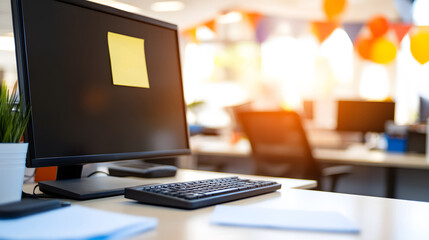 A modern office decorated with banners and balloons, employees gathered for a joyful appreciation day event