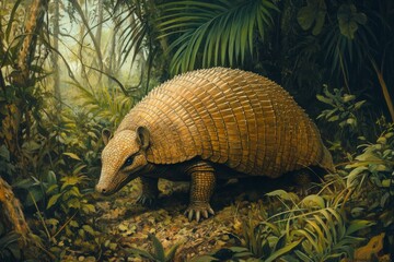 Fototapeta premium Giant armadillo in lush, green jungle.