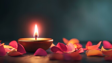 A lit candle sits on a dark background surrounded by flower petals.