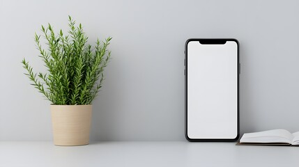 Smartphone with a blank white screen placed near a cup of coffee and an open notebook, ideal for productivity themes