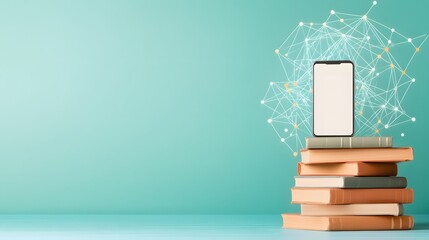 Modern smartphone with a blank screen lying on a stack of books, perfect for educational app advertisements