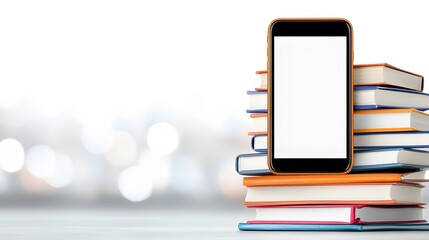 Modern smartphone with a blank screen lying on a stack of books, perfect for educational app advertisements