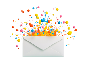 a white envelope with colorful paint splashing out of it