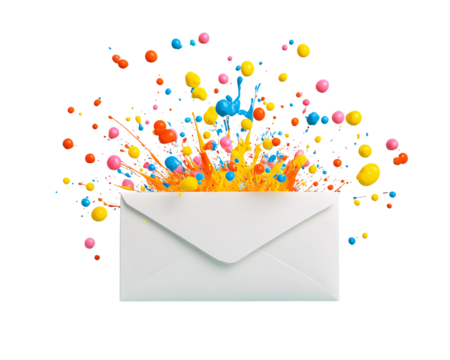 a white envelope with colorful paint splashing out of it