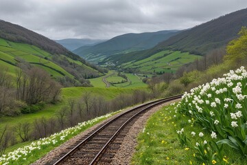 Picturesque Hills and Lush Valleys with a Serpentine Train Track Amidst Rainy Spring Blossoms