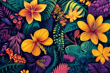 Fototapeta premium A vibrant illustration of tropical flowers and foliage in rich colors.