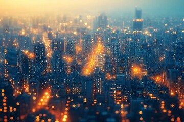 Fototapeta premium Futuristic Cityscape with Glowing Lights at Dusk