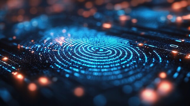 A digital fingerprint surrounded by glowing blue and orange circuitry, representing technology, security, and data. - Powered by Adobe