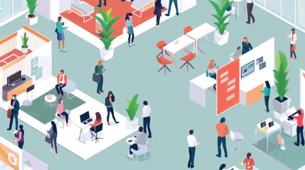 An HR team organizing a company-wide wellness program with various activities and health stations set up in a corporate office space, The setting includes wellness booths, fitness activities