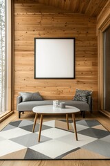 Create a scandinavian interior visual frame mockup featuring a geometric table set in a wooden environment for modern home design inspiration