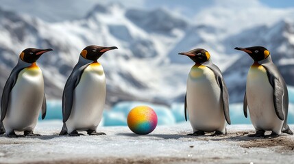 Obraz premium Four penguins gathered around a colorful sphere in a snowy landscape, displaying curiosity in the midst of a breathtaking mountainous backdrop.