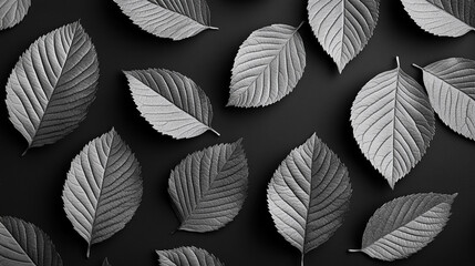 Black and white arrangement of leaves on dark background highlights natural textures
