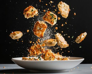 Dramatic midair dumpling toss kitchen food photography studio aerial view culinary art