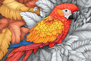 Obraz premium illustration, perroquet, animaux de la jungle, dessin enfants, mignon, tout-petits, adorable, joli, fun, coloré