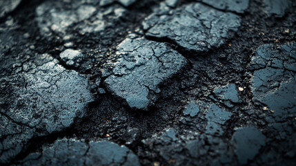 Cracked asphalt surface with dark color and rough texture at roadside