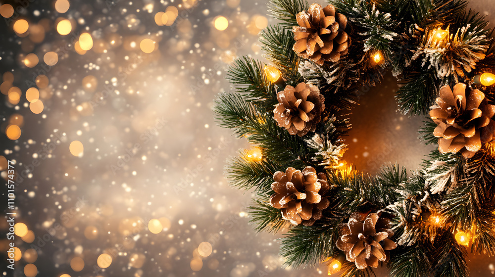 Poster a festive wreath adorned with pinecones and lights, set against a sparkling backdrop, evoking the sp