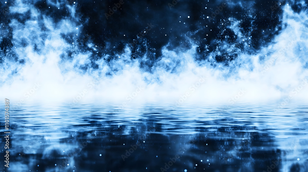 Poster a serene blue landscape with misty clouds reflecting on water, creating a tranquil and ethereal atmo