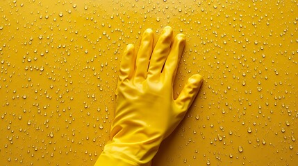 A close-up of a hand wearing yellow cleaning gloves against a background covered in water droplets.