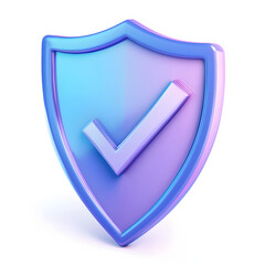 cartoon 3d Icon safety shield check mark perspective . Blue and purple symbol security safety icon. Checkmark in minimalistic style. 3d vector illustration. white background	
