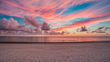 Vibrant sunset over a still ocean with dramatic cloud display