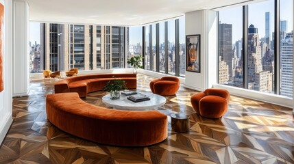 Experience urban elegance penthouse living room cityscape interior design modern environment panoramic view contemporary comfort