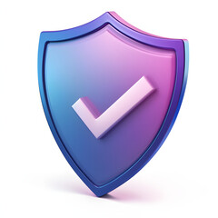 cartoon 3d Icon safety shield check mark perspective . Blue and purple symbol security safety icon. Checkmark in minimalistic style. 3d vector illustration. white background	