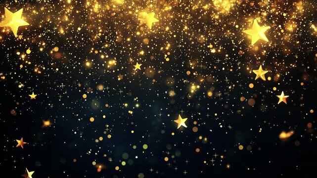 golden luxury stars on black backround with falling snow animation loop