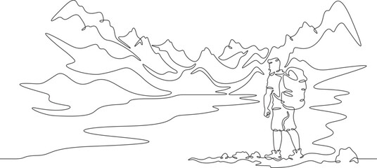 Continuous one line drawing tourist on the shore of a mountain lake. Mountain landscape. Traveler with a backpack.One continuous line isolated minimal illustration.Not AI.