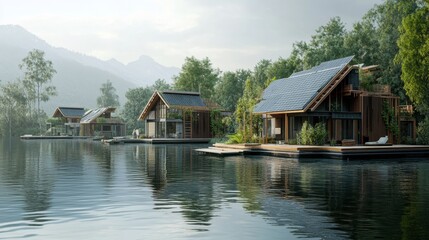 Obraz premium A floating eco-village on a calm lake, with homes made from recycled materials and powered by renewable energy sources