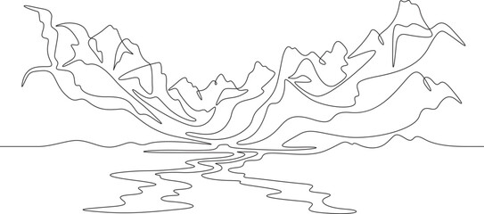 Continuous one line drawing mountain landscape. Panorama of high mountains and mountain river. Nature.  One continuous line isolated minimal illustration.Not AI.