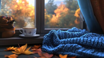 Cozy windowsill scene featuring a blue knitted blanket, a steaming mug, and vibrant autumn leaves against a backdrop of colorful fall foliage.