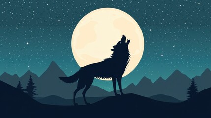 A wolf howling at the moon in a dark, starry sky