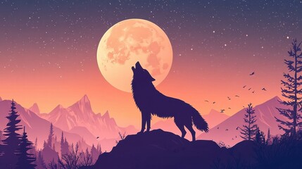A wolf howls at the moon in a beautiful, serene landscape