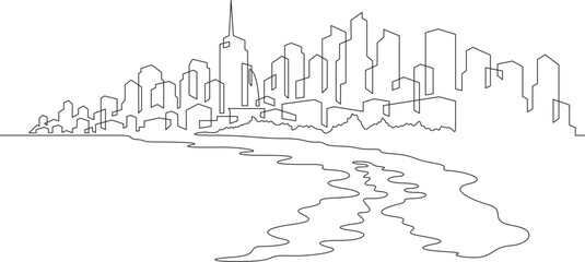 Fototapeta premium Continuous one line drawing city on the seashore.Beach against the backdrop of skyscrapers.Resort.Vacation .One continuous line isolated minimal illustration.Not AI.