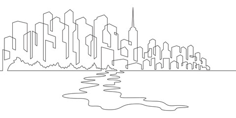 Obraz premium Continuous one line drawing city on the seashore.Beach against the backdrop of skyscrapers.Resort.Vacation .One continuous line isolated minimal illustration.Not AI.