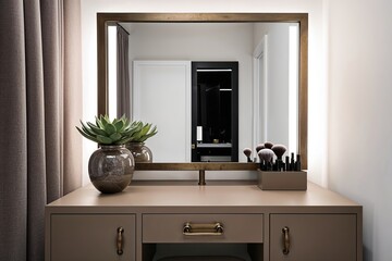 Elegant Minimalist Taupe Makeup Vanity with Antique Brass Knob Decorative Succulent Planter and Rectangular Mirror in Soft Ambient Lighting for Chic Beauty Display