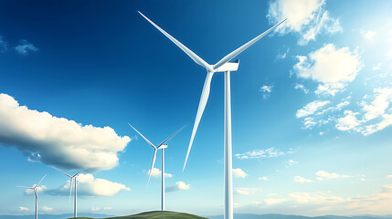 Renewable Energy Market Trends. Wind turbines on green hill under bright blue sky with clouds