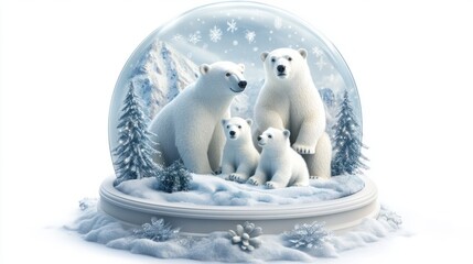 Fototapeta premium Christmas-themed snow globe showcasing a polar bear family in a snowy Arctic scene, on a white background