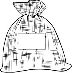 Canvas Bag Tied With Blank Label Graphic Black And White Illustration For Print And Web Design Of Physical Products And Projects