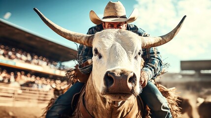 A cowboy wearing a hat rides a large bull during a rodeo event at an outdoor stadium under a clear sky, showcasing a dynamic and intense sports action scene.