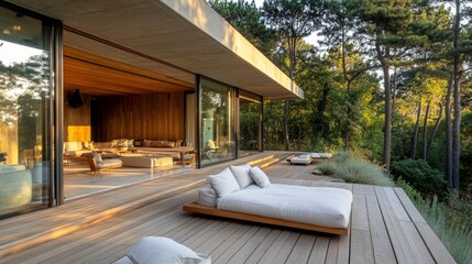 Minimalist wooden terrace with soft seating, large glass windows, and a luxury cottage feel, perfect for a tranquil escape