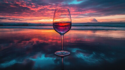 Wine glass capturing a vibrant sunset over the ocean, showcasing hues of pink and orange, creating a romantic beach atmosphere.