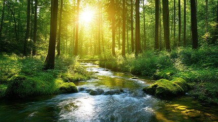 Fototapeta premium Sunlit Forest Stream: Serene landscape photography showcasing a tranquil stream flowing through a lush, sun-dappled forest. Perfect for nature, travel, and environmental themes. 