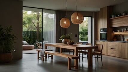 Fototapeta premium Here's a description and keywords for your image.. Modern minimalist dining kitchen with wooden furniture, natural light, and patio access.