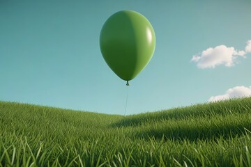 there is a green balloon flying over a grassy hill