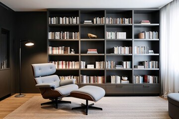 Modern Minimalist Bookcase and Lounge Chair Design for Cozy Reading Nook in Living Room