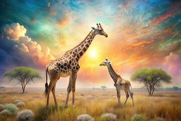 Obraz premium Surreal Giraffe Mother and Calf: Dreamlike Savannah Landscape Photography